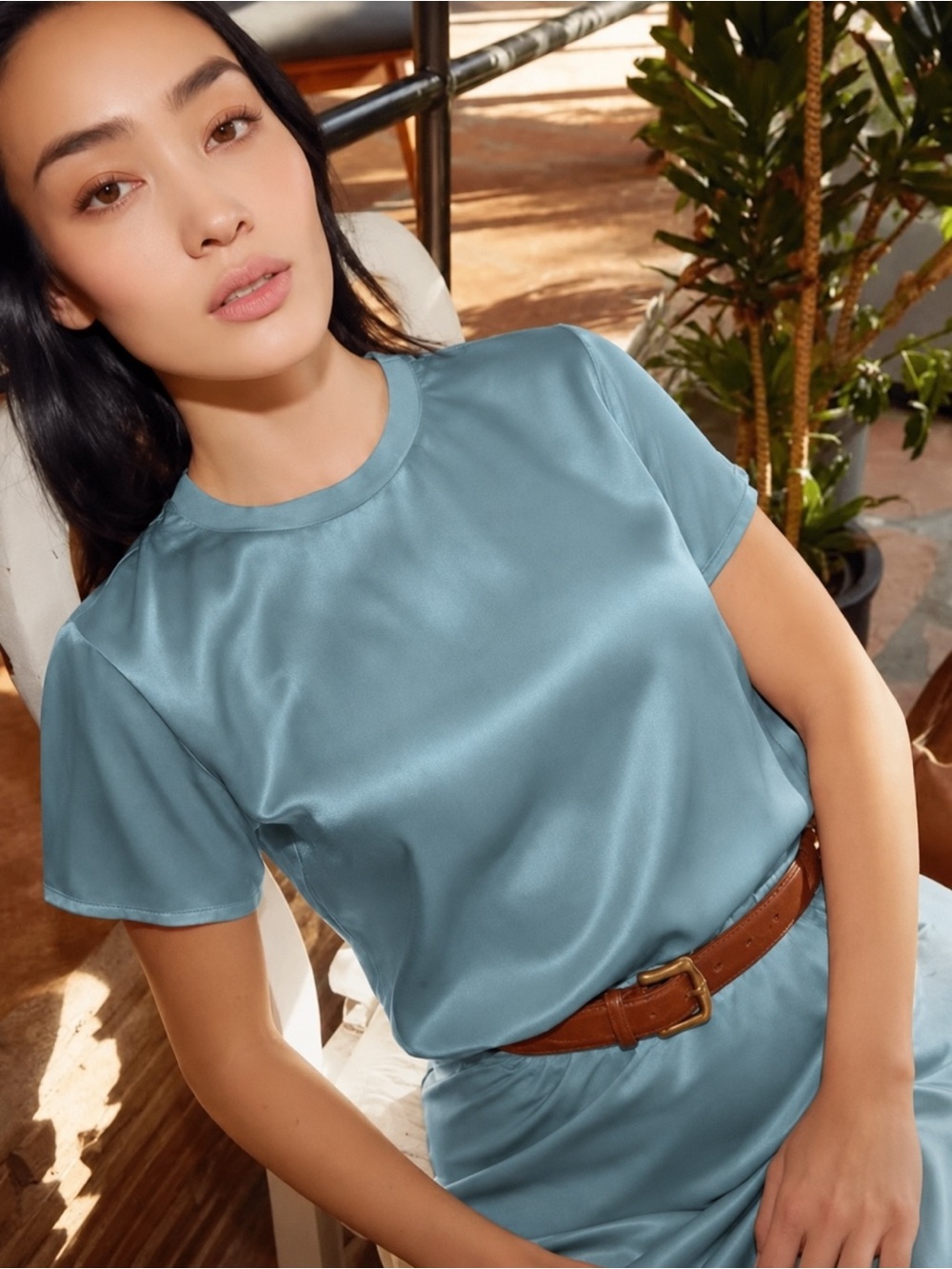 Nation LTD - Marie Sateen Boxy Crop Top in Dusty Blue/Teal Size Medium